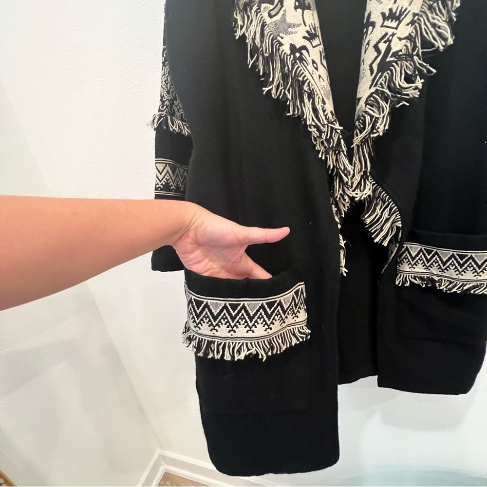Passports Pier 1 Imports Vintage Wool Tribal Western Open Long Coat Frin… - Picture 5 of 12